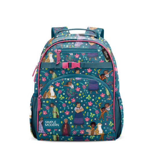 Teal Simple Modern children's backpack with colorful all-over print featuring illustrated diverse children, animals, flowers, and snowflakes. Hot pink accents on handles and straps. Multiple pockets and chest strap. Studio