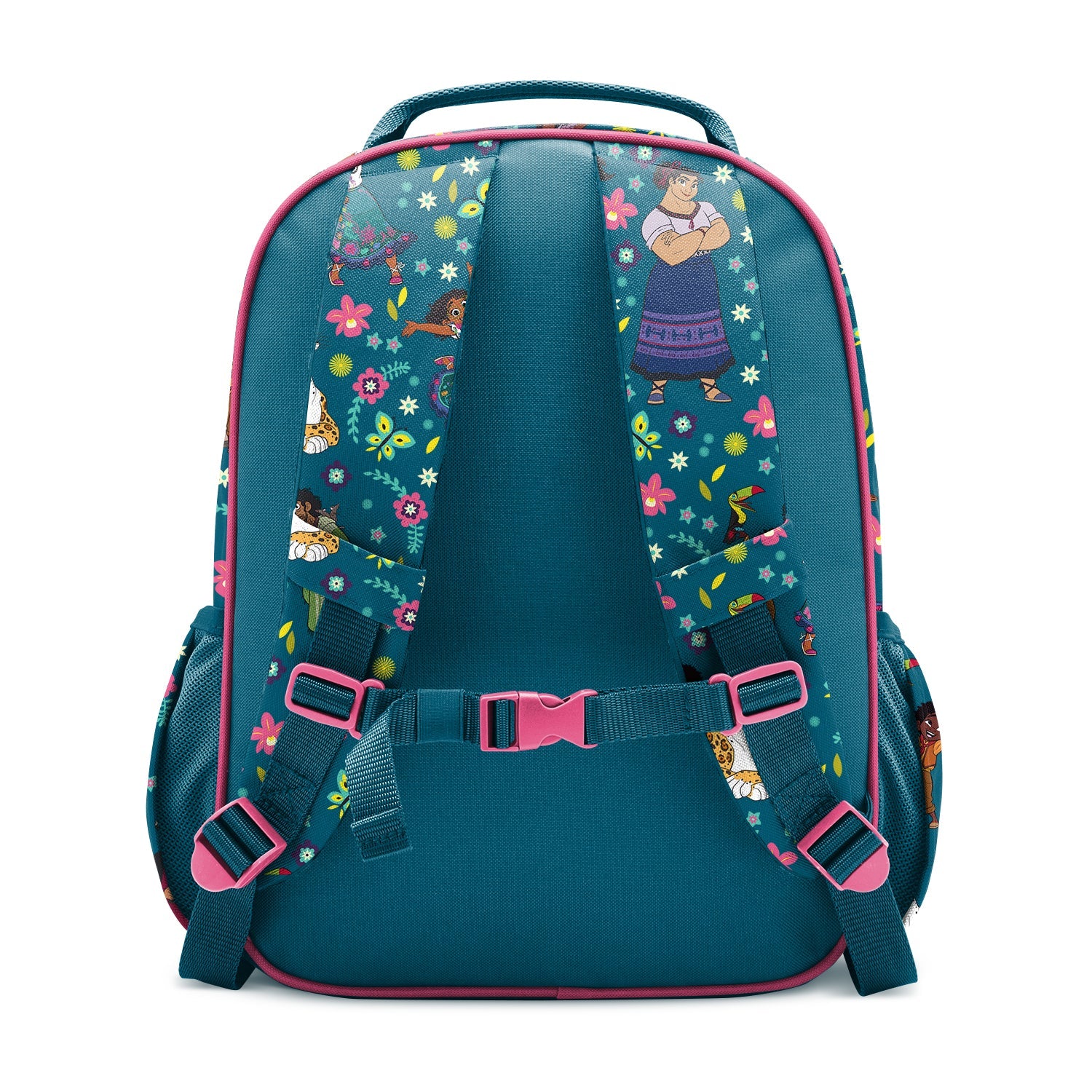 Rear view of a teal and hot pink children's backpack with padded shoulder straps, mesh ventilation panels, and colorful decorative pattern featuring flowers, stars, and illustrated characters on white background.