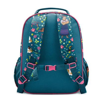 Rear view of a teal and hot pink children's backpack with padded shoulder straps, mesh ventilation panels, and colorful decorative pattern featuring flowers, stars, and illustrated characters on white background.