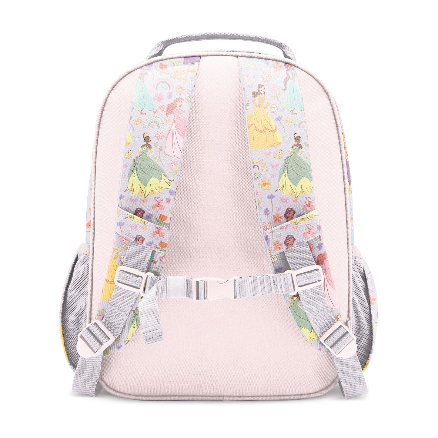 Pale pink children's backpack with Disney Princess character pattern on shoulder straps, gray mesh side pockets, padded straps with white buckles, and chest strap, shown from rear view against white background.