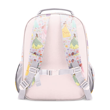 Pale pink children's backpack with Disney Princess character pattern on shoulder straps, gray mesh side pockets, padded straps with white buckles, and chest strap, shown from rear view against white background.