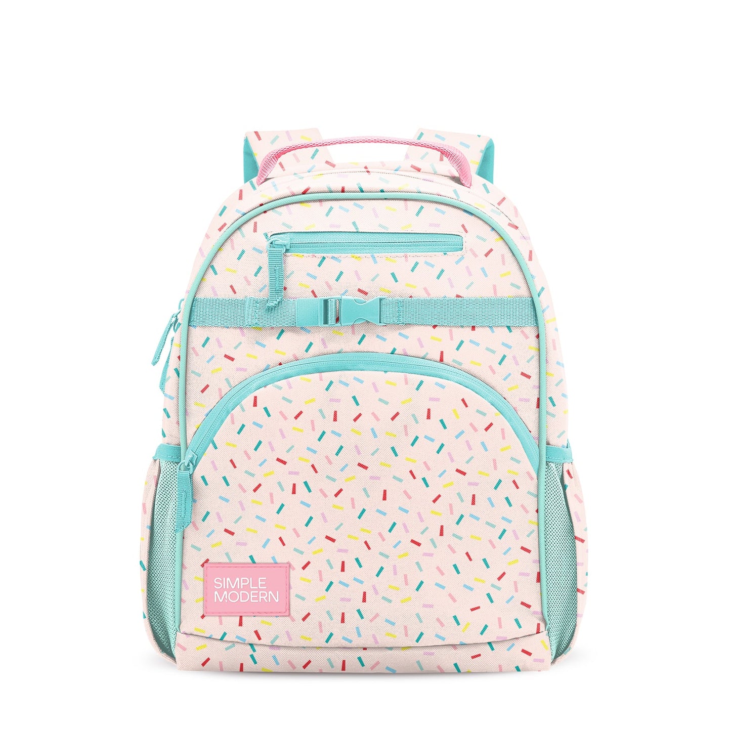 Pale pink children's backpack with turquoise trim, colorful confetti pattern, front pocket with "SIMPLE MODERN" label, padded shoulder straps, side mesh pockets, and compression strap. Studio product shot on white background.