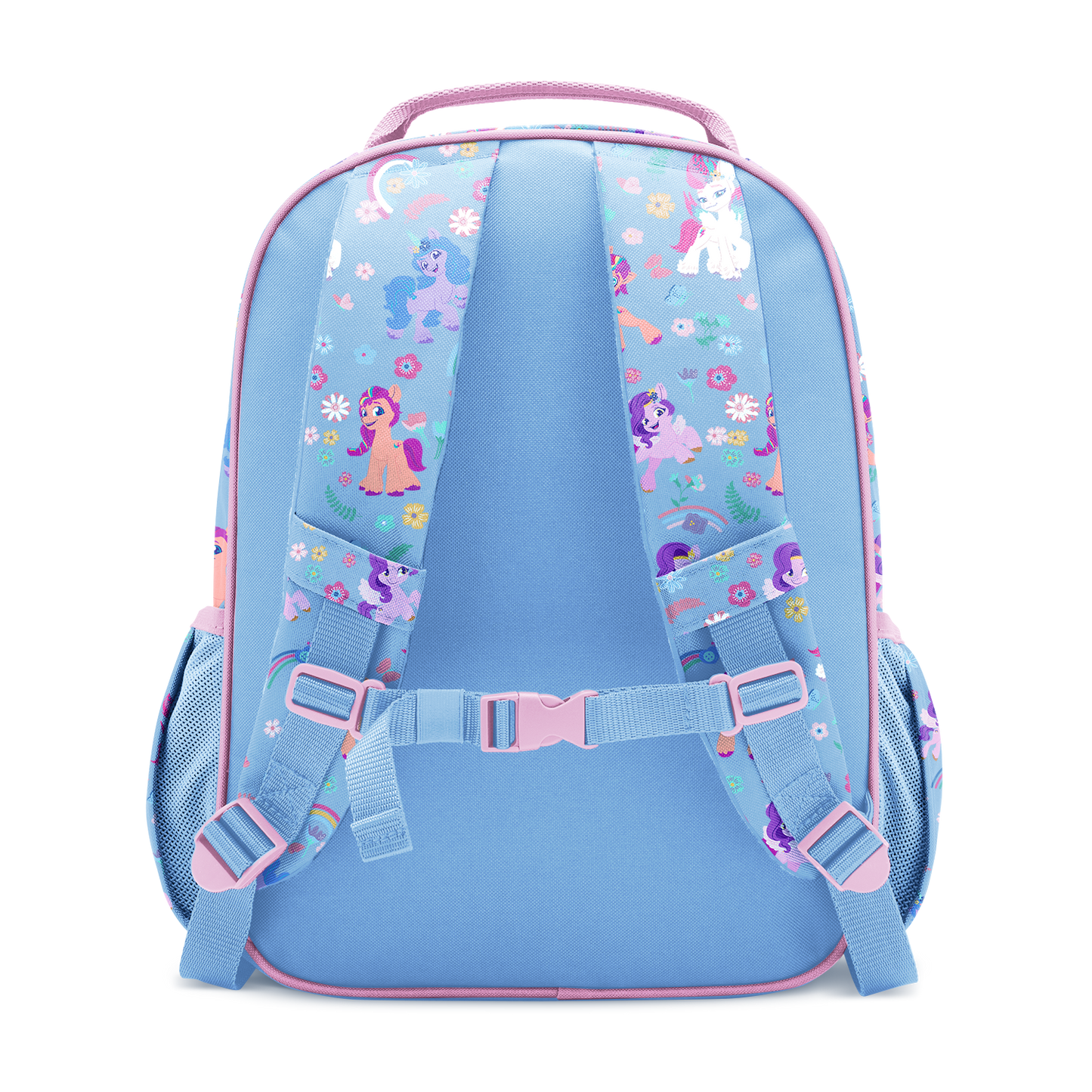 Periwinkle blue backpack with bright pink trim, piping, and zippers, featuring light blue padded shoulder straps
