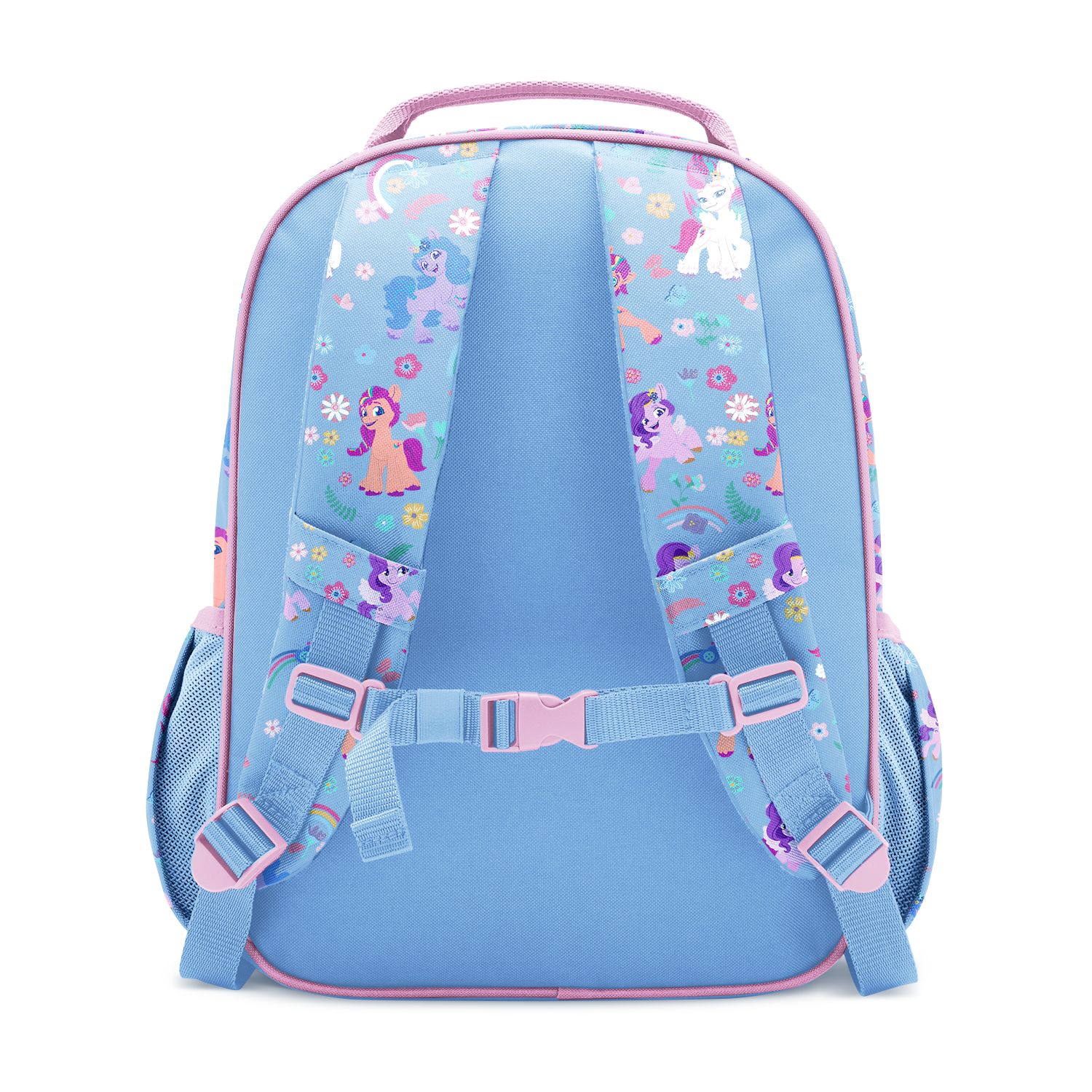 Periwinkle blue backpack with bright pink trim, piping, and zippers, featuring light blue padded shoulder straps