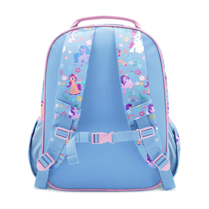 Periwinkle blue backpack with bright pink trim, piping, and zippers, featuring light blue padded shoulder straps