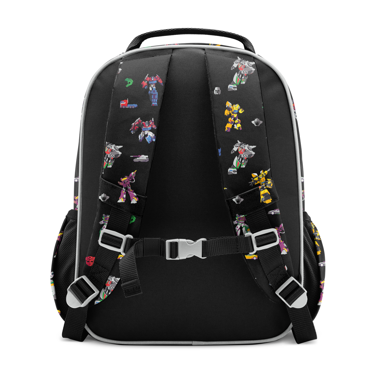 Black backpack with colorful pockets and accents in yellow, red, blue, purple, and green stripes or panels on the front and sides.