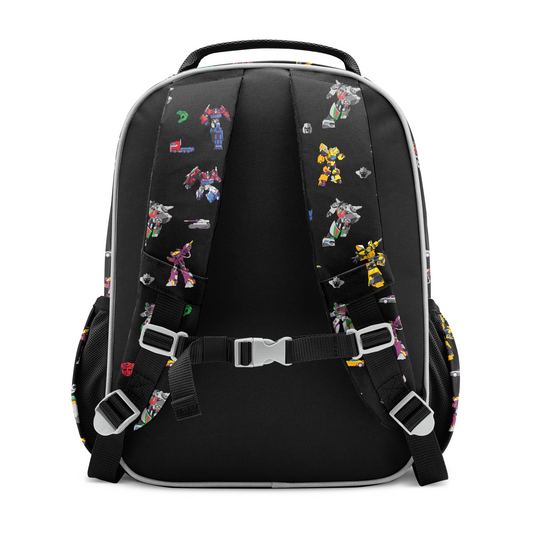 Black backpack with colorful pockets and accents in yellow, red, blue, purple, and green stripes or panels on the front and sides.