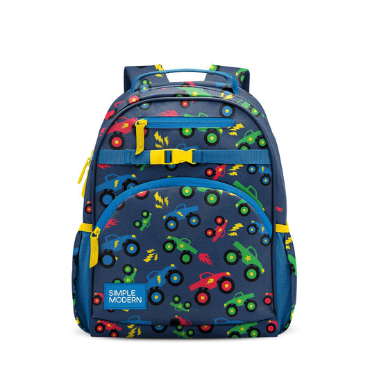 Navy blue children's backpack with electric blue and yellow accents, geometric print pattern, padded pockets, dual mesh side pockets, and yellow buckle closure. Simple Modern brand label visible on front.