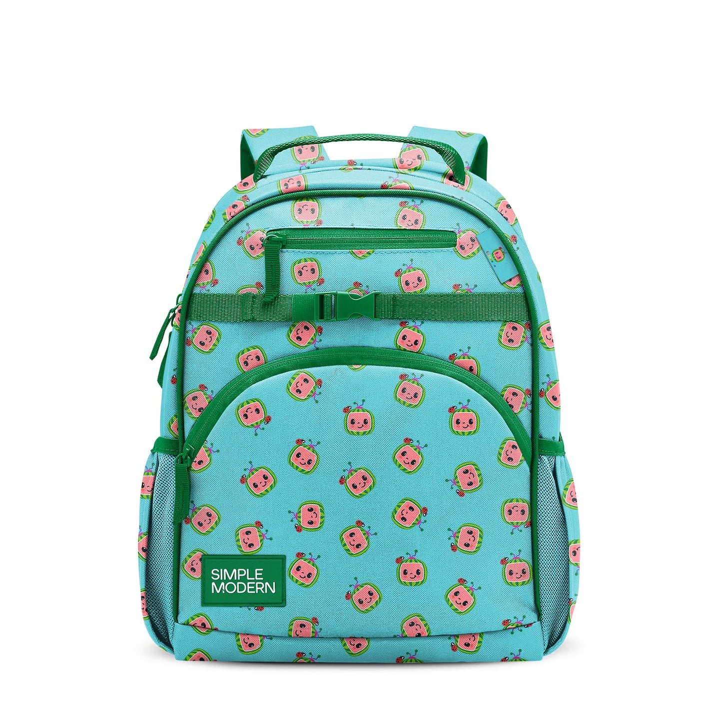 Bright turquoise children's backpack with smiling watermelon character pattern in pink and coral, forest green handles and side pockets, dual padded straps, front zipper compartment, and mesh water bottle holders. Simple