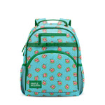 Bright turquoise children's backpack with smiling watermelon character pattern in pink and coral, forest green handles and side pockets, dual padded straps, front zipper compartment, and mesh water bottle holders. Simple