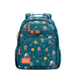 Teal blue children's backpack with space theme, orange accents, multiple zippered pockets, padded shoulder straps, and "SIMPLE MODERN" logo patch on white background.