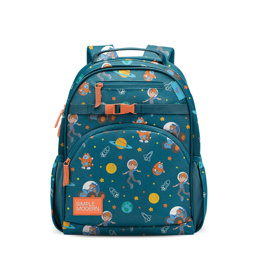 Teal blue children's backpack with space theme, orange accents, multiple zippered pockets, padded shoulder straps, and "SIMPLE MODERN" logo patch on white background.