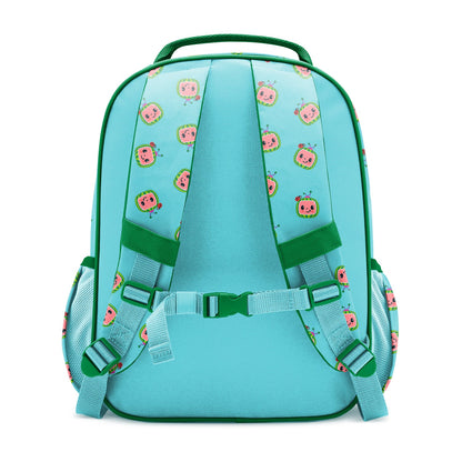 Turquoise children's backpack with CoComelon character pattern shown from back, featuring green frame and straps, padded shoulder straps, chest buckle, and dark green carry handle on white background.