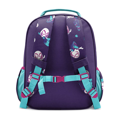 Purple children's backpack with turquoise accents and cartoon insect characters, shown from rear view. Features adjustable shoulder straps, chest strap, turquoise carry handle, and mesh side panels.