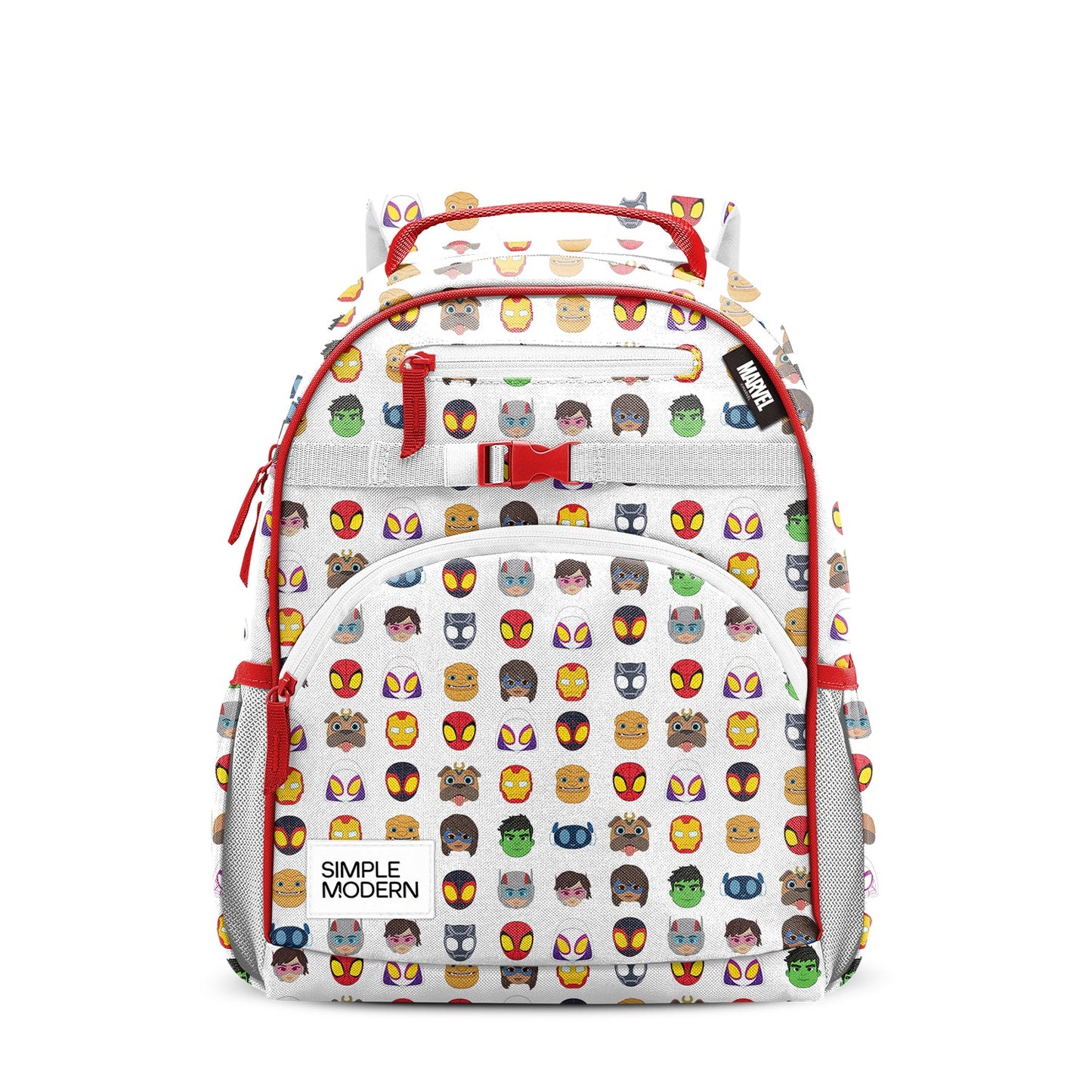 Marvel Avengers white children's backpack with red accents, featuring cartoon character heads pattern, front zippered pockets, gray mesh sides, padded shoulder straps, and red carry handle.