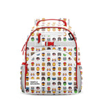 Marvel Avengers white children's backpack with red accents, featuring cartoon character heads pattern, front zippered pockets, gray mesh sides, padded shoulder straps, and red carry handle.
