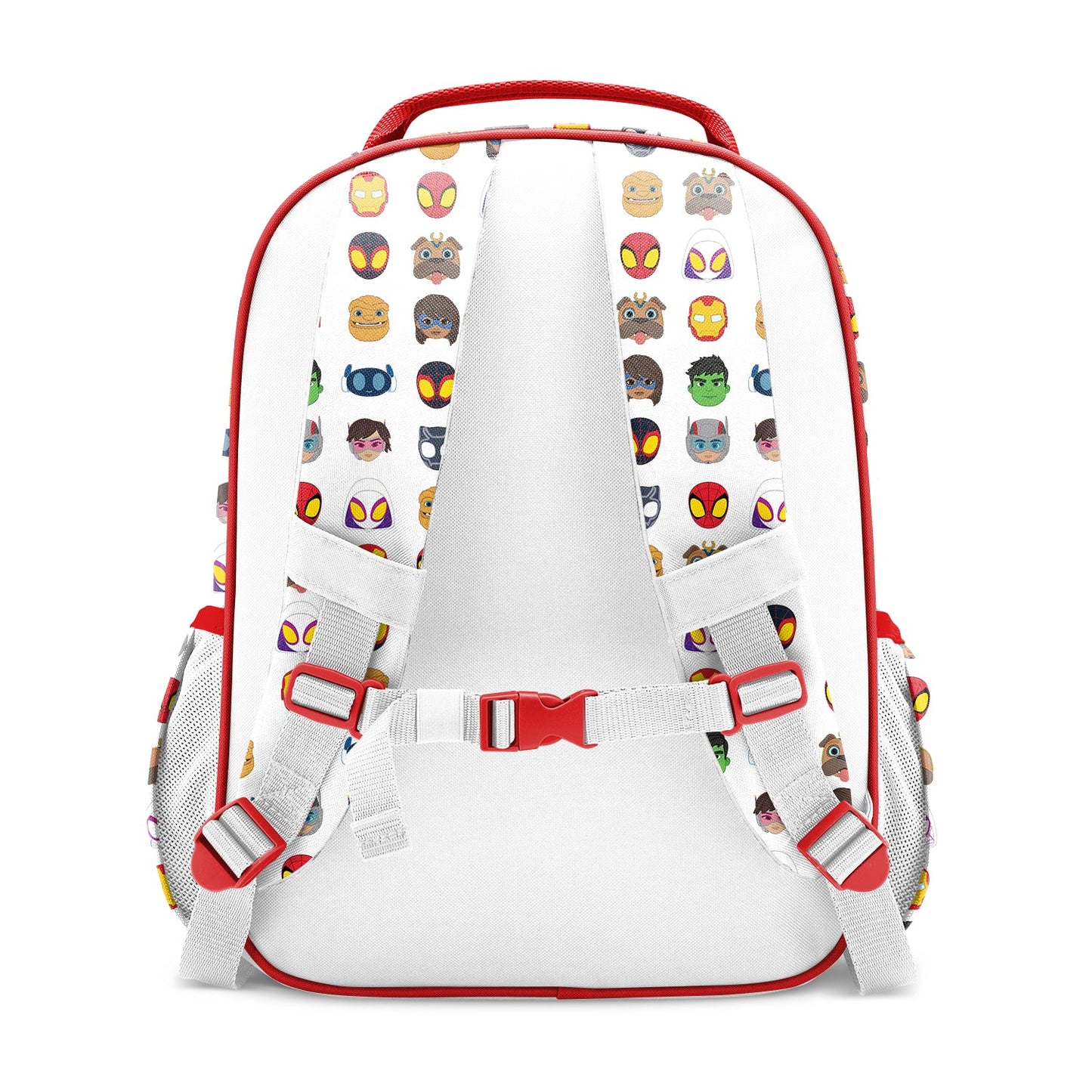 Red and white children's backpack with colorful cartoon character heads printed on front, shown from back view. Features padded shoulder straps, red carry handle, chest strap, and mesh side pockets.