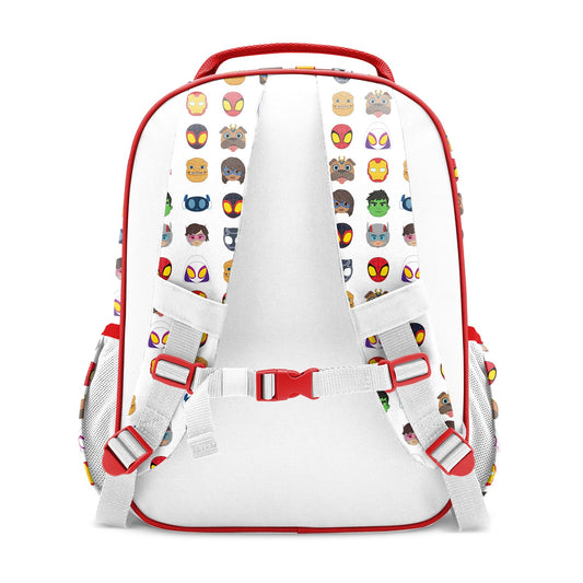 Red and white children's backpack with colorful cartoon character heads printed on front, shown from back view. Features padded shoulder straps, red carry handle, chest strap, and mesh side pockets.
