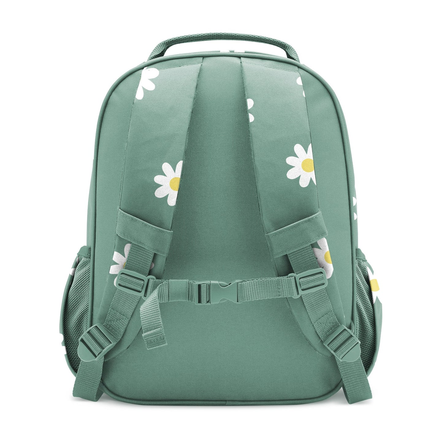 Sage green children's backpack with white and yellow daisy flower pattern, padded shoulder straps, grab handle, mesh side pockets, and adjustable buckle closures, shown from rear view against white background.