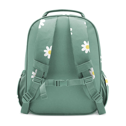 Sage green children's backpack with white and yellow daisy flower pattern, padded shoulder straps, grab handle, mesh side pockets, and adjustable buckle closures, shown from rear view against white background.
