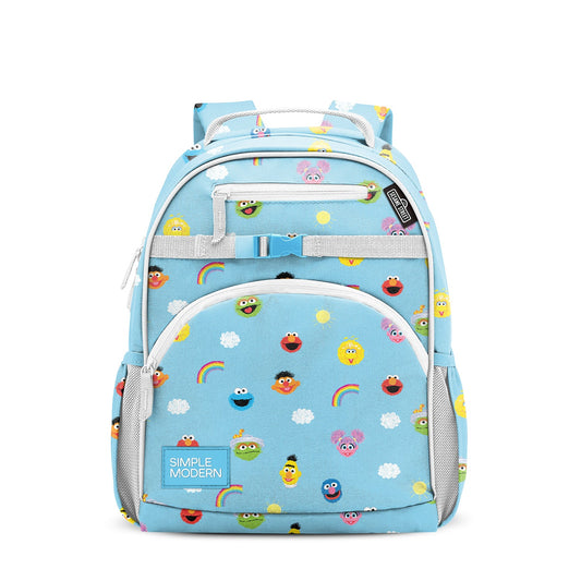 Sky blue children's backpack with Sesame Street character pattern, multiple compartments, padded straps, side water bottle pockets, and Simple Modern branding on front pocket.