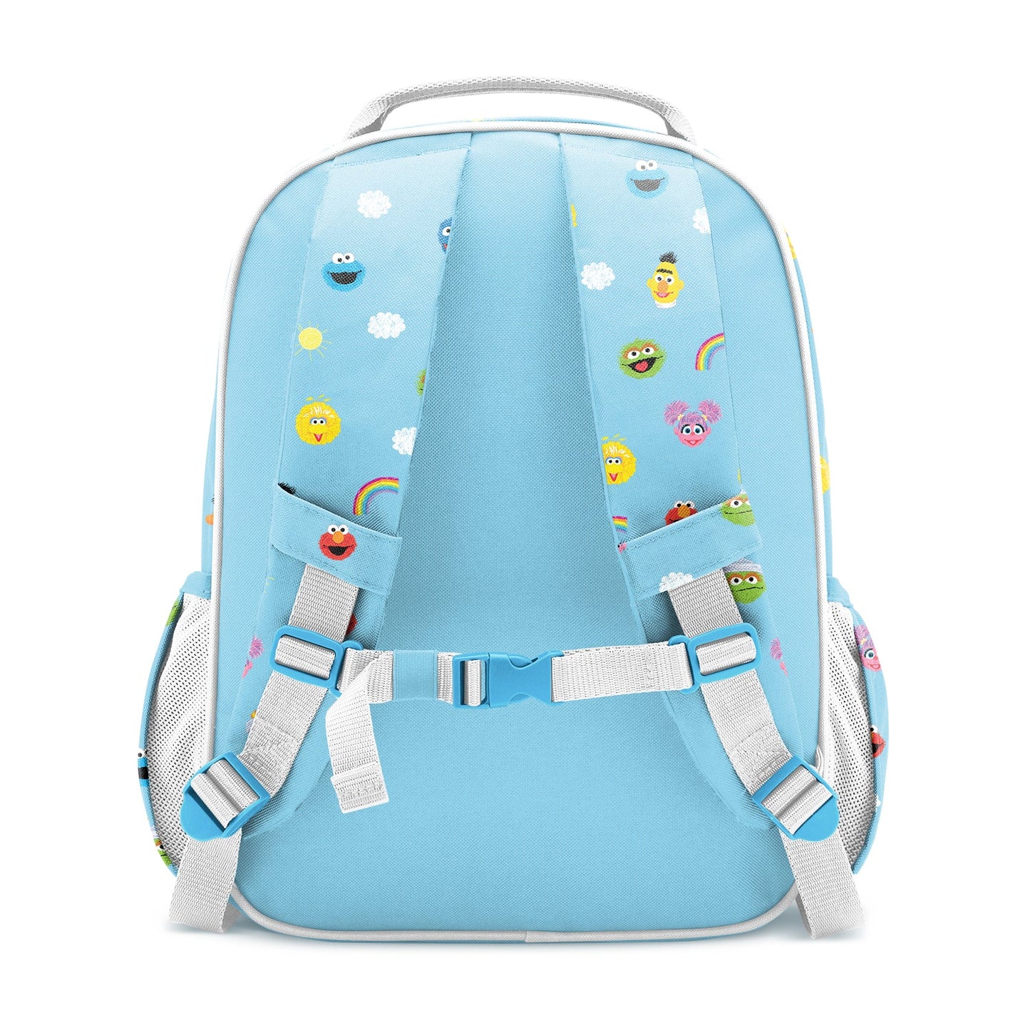 Sky blue children's backpack with Sesame Street characters including Elmo, Big Bird, and Cookie Monster, shown from back view with padded shoulder straps, chest clip, and side mesh pockets.