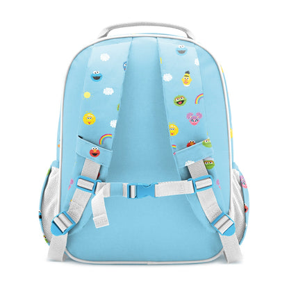 Sky blue children's backpack with Sesame Street characters including Elmo, Big Bird, and Cookie Monster, shown from back view with padded shoulder straps, chest clip, and side mesh pockets.
