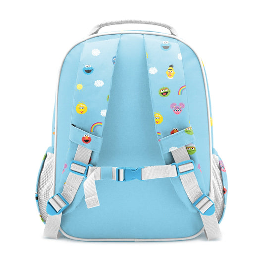 Sky blue children's backpack with Sesame Street characters including Elmo, Big Bird, and Cookie Monster, shown from back view with padded shoulder straps, chest clip, and side mesh pockets.