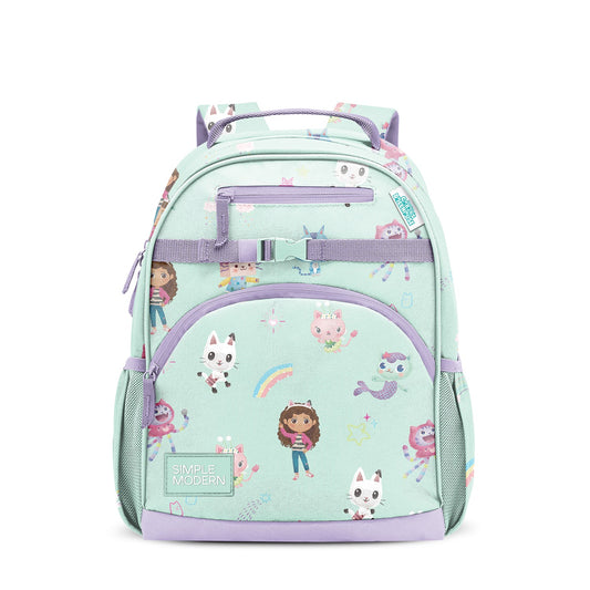 Mint green children's backpack with lavender accents, featuring cartoon illustrations of cats, children, mermaids, and rainbows. Includes padded straps, front mesh pocket, zippered compartments, and side mesh pockets. Simple