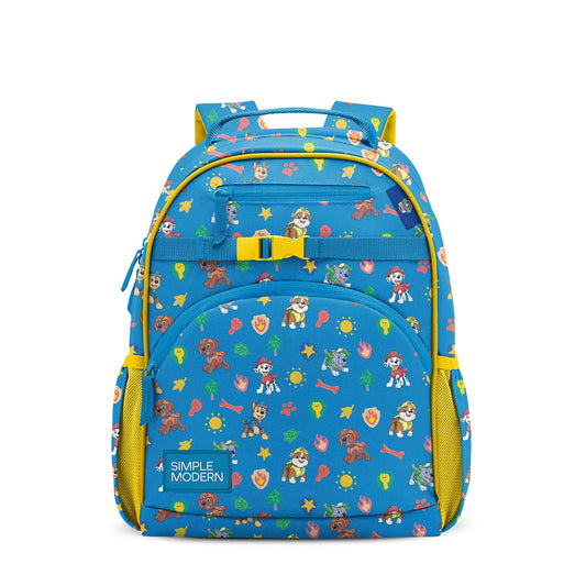 Bright blue children's backpack with yellow accents and colorful Paw Patrol print featuring puppies, ice cream, stars, and bones. Padded straps, front buckle closure, zippered pockets, and mesh side pockets. Simple Modern