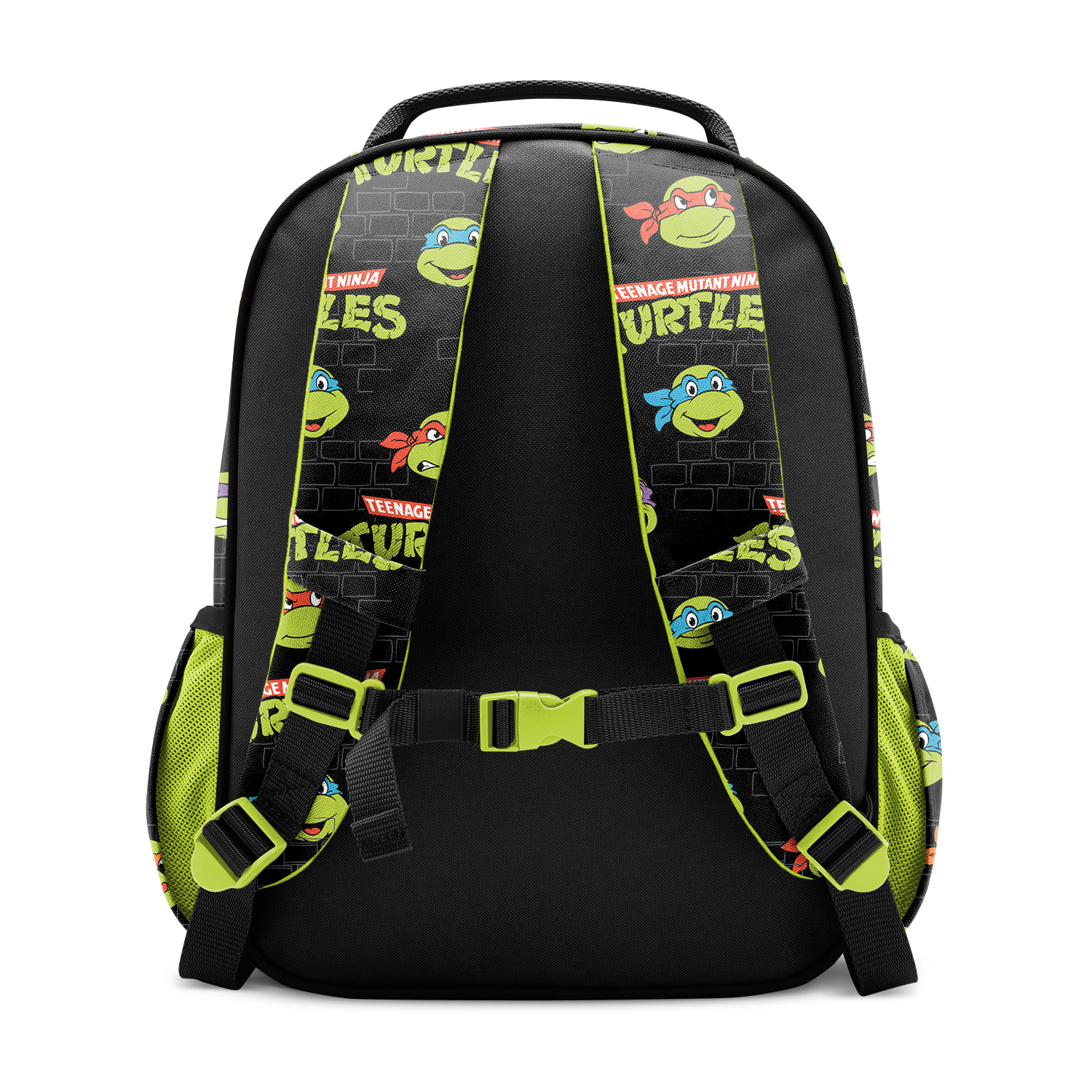 Black backpack with neon yellow-green straps, side panels, and trim accents