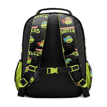 Black backpack with neon yellow-green straps, side panels, and trim accents