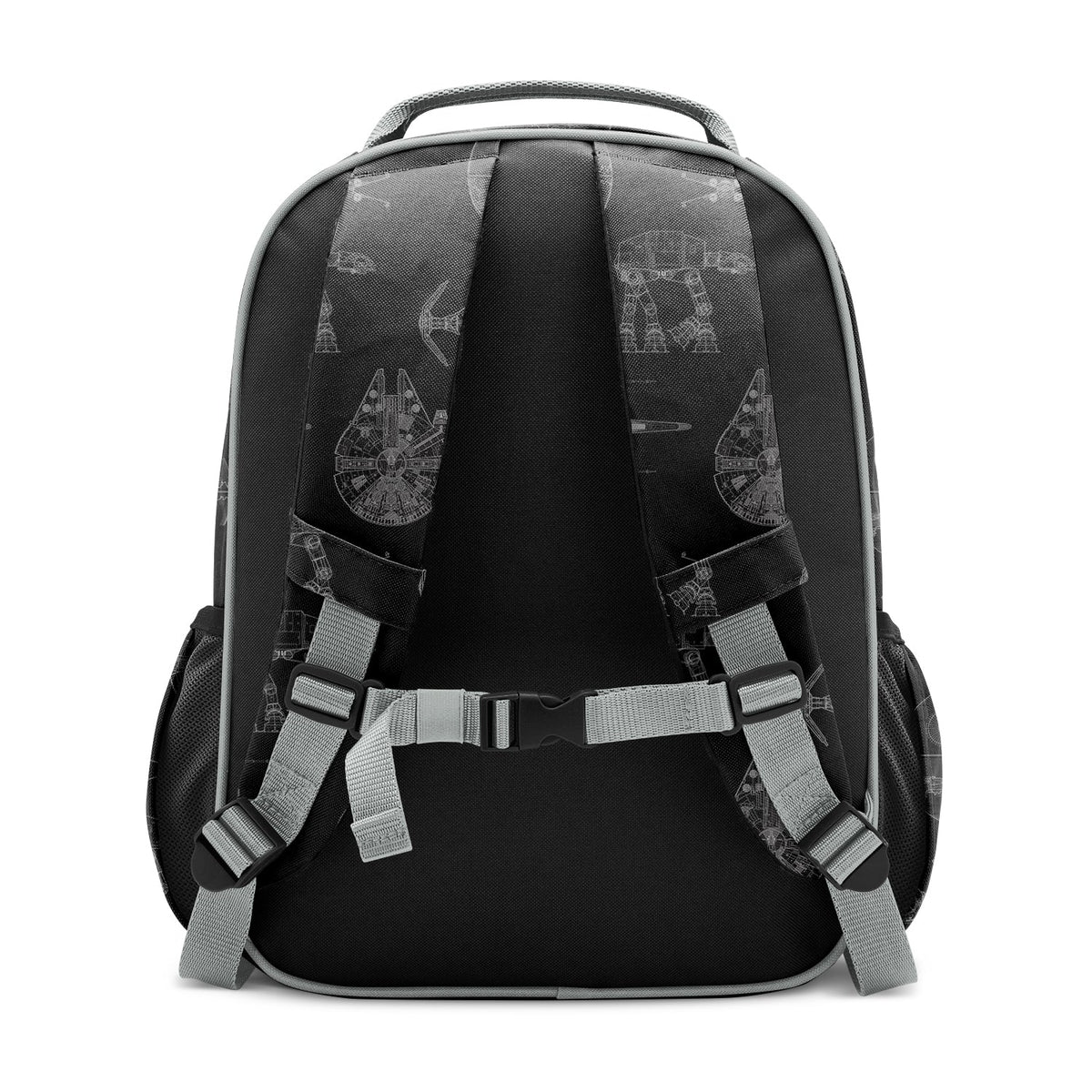 Black Simple Modern backpack back view with gray padded shoulder straps, chest strap, gray carrying handle, and sci-fi spacecraft graphic pattern in light gray. Side mesh pockets visible.