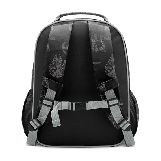Black Simple Modern backpack back view with gray padded shoulder straps, chest strap, gray carrying handle, and sci-fi spacecraft graphic pattern in light gray. Side mesh pockets visible.
