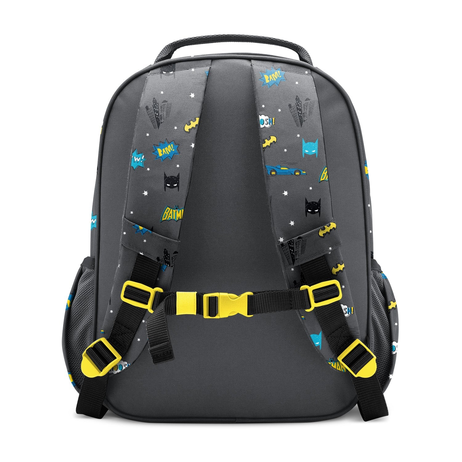 Charcoal gray children's backpack with yellow and blue Batman-themed graphics including "POW," "BAM," and "BATIM" text, black mesh pockets, padded yellow-buckled straps, and chest buckle, shown against white background.
