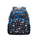 Navy blue children's backpack with bright blue accents, cream and pink Harry Potter-themed pattern. Features front zippered pocket, side mesh pockets, padded blue straps, grab handles, and SM logo badge.