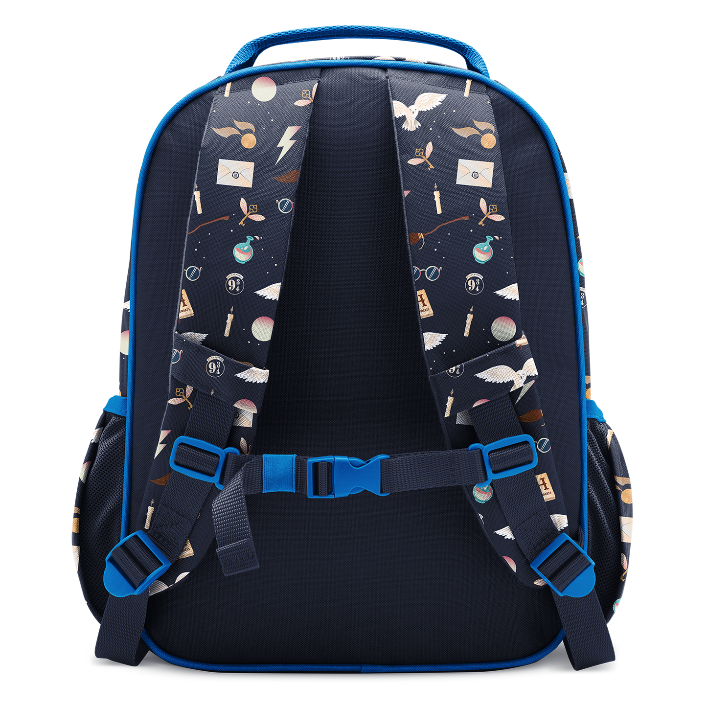 Bright blue and dark navy backpack with blue outer shell, straps, trim and accents, navy interior