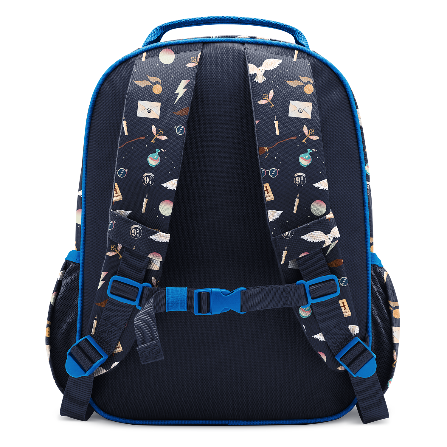 Bright blue and dark navy backpack with blue outer shell, straps, trim and accents, navy interior