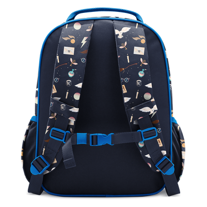 Bright blue and dark navy backpack with blue outer shell, straps, trim and accents, navy interior