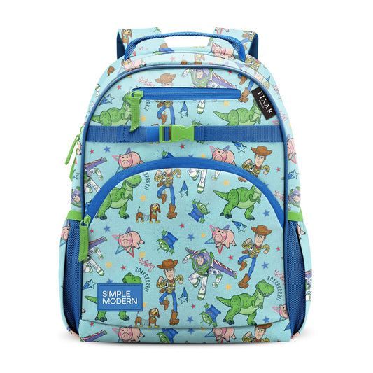 Light blue children's backpack with Toy Story characters including Woody, Buzz Lightyear, and aliens. Features bright blue zip pockets, navy mesh side pockets, drawstring handle, and lime green accents. Simple Modern logo on