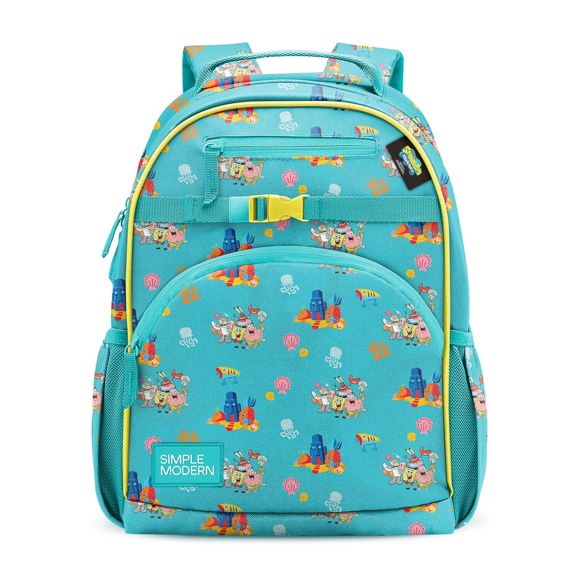 Turquoise children's backpack with underwater theme featuring cartoon submarines, fish, jellyfish, and seashells. Yellow trim accents, dual padded straps, front zippered pockets, and striped bow-tie detail. White background.