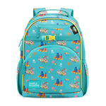 Turquoise children's backpack with underwater theme featuring cartoon submarines, fish, jellyfish, and seashells. Yellow trim accents, dual padded straps, front zippered pockets, and striped bow-tie detail. White background.