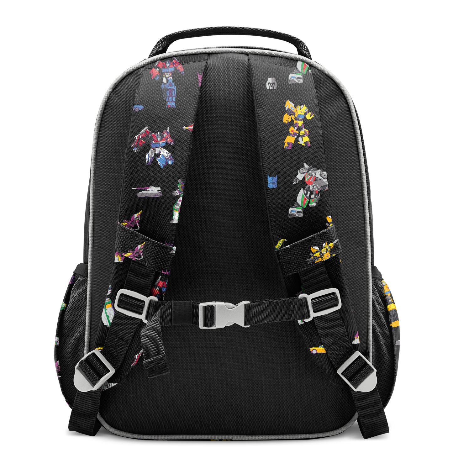 Black backpack with gray, white, and silver accents featuring vibrant multi-colored character graphics in red, yellow, blue, purple, pink, and orange.