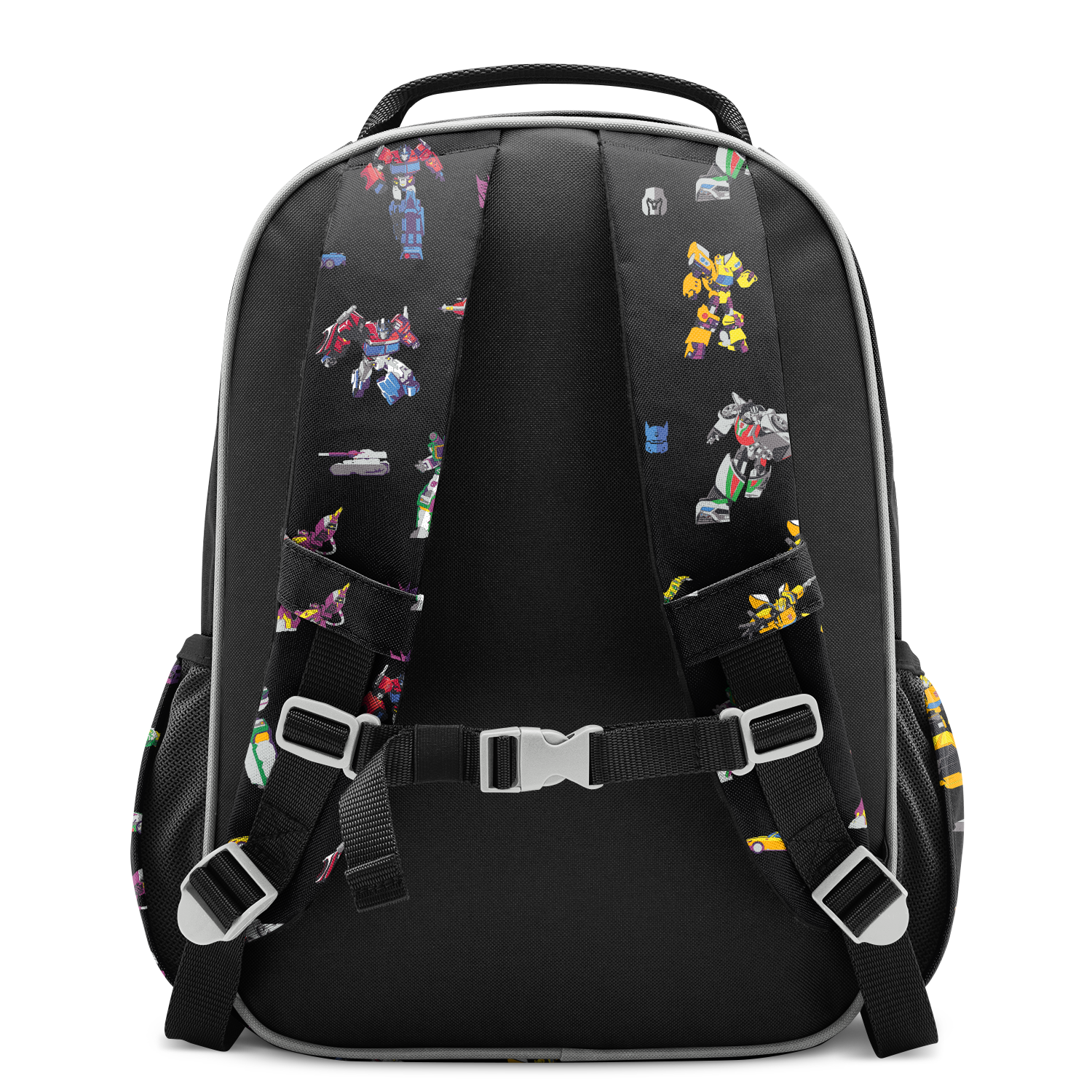 Black backpack with gray, white, and silver accents featuring vibrant multi-colored character graphics in red, yellow, blue, purple, pink, and orange.