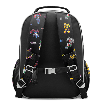 Black backpack with gray, white, and silver accents featuring vibrant multi-colored character graphics in red, yellow, blue, purple, pink, and orange.