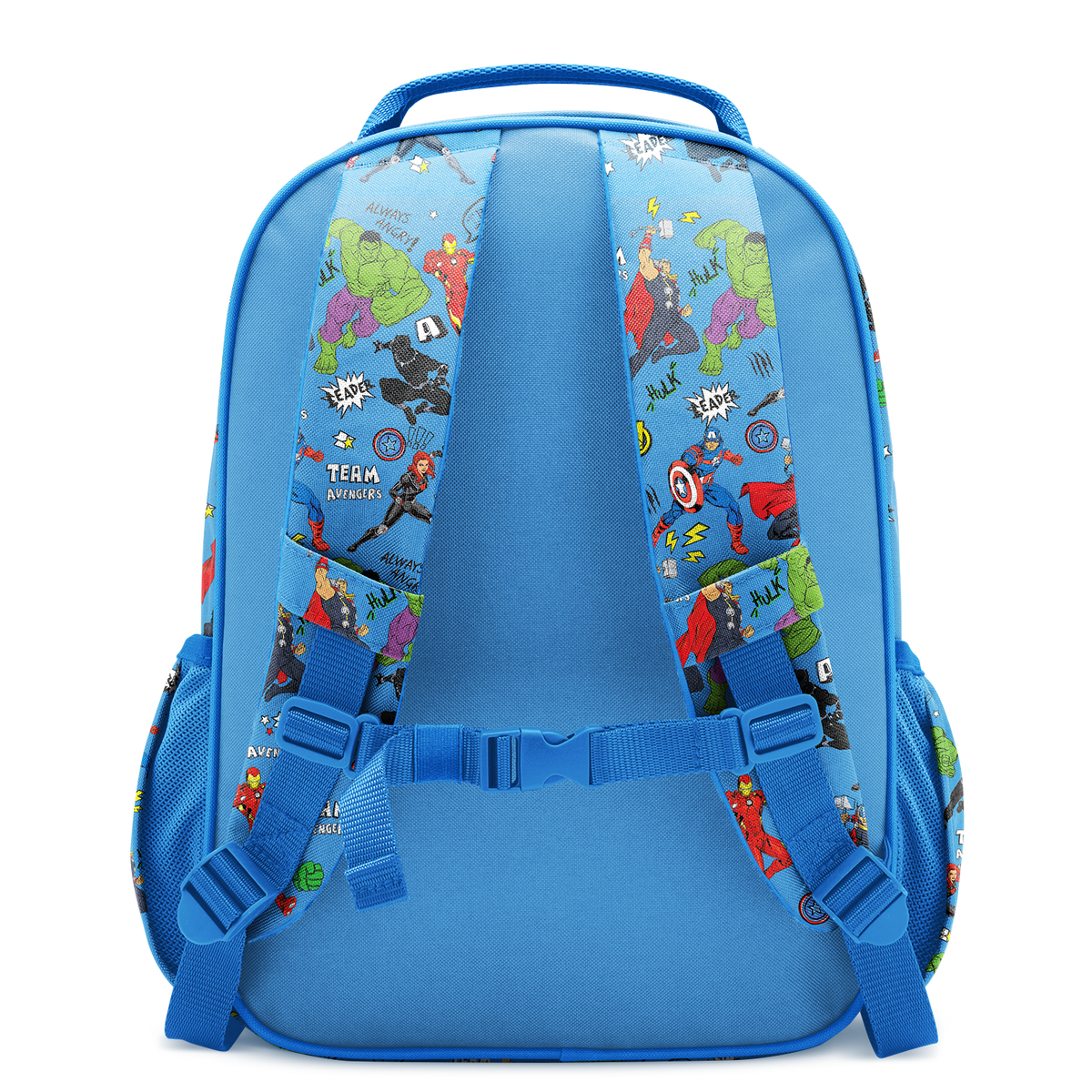 Bright royal blue Marvel superhero backpack with padded shoulder straps featuring colorful hero graphics and matching sky blue accents.