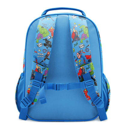 Bright royal blue Marvel superhero backpack with padded shoulder straps featuring colorful hero graphics and matching sky blue accents.