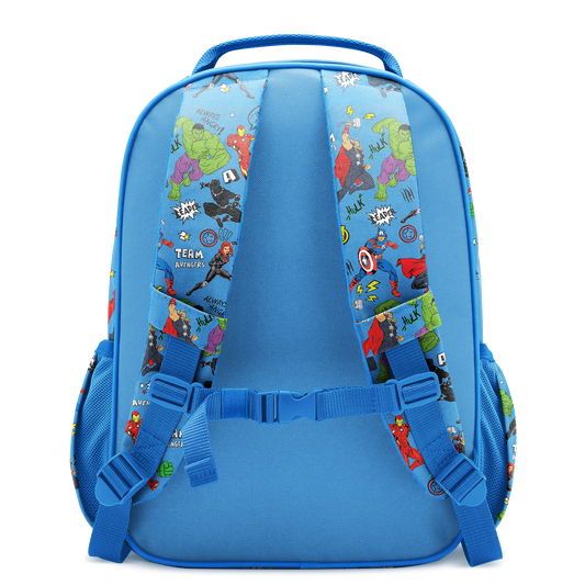 Bright royal blue Marvel superhero backpack with padded shoulder straps featuring colorful hero graphics and matching sky blue accents.
