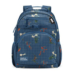 Deep blue grid backpack with Marvel superhero characters in red and cream, featuring padded straps, front pocket, zippered compartment, mesh pockets, and Simple Modern branding label.