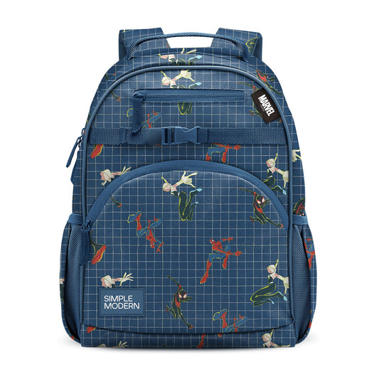 Deep blue grid backpack with Marvel superhero characters in red and cream, featuring padded straps, front pocket, zippered compartment, mesh pockets, and Simple Modern branding label.